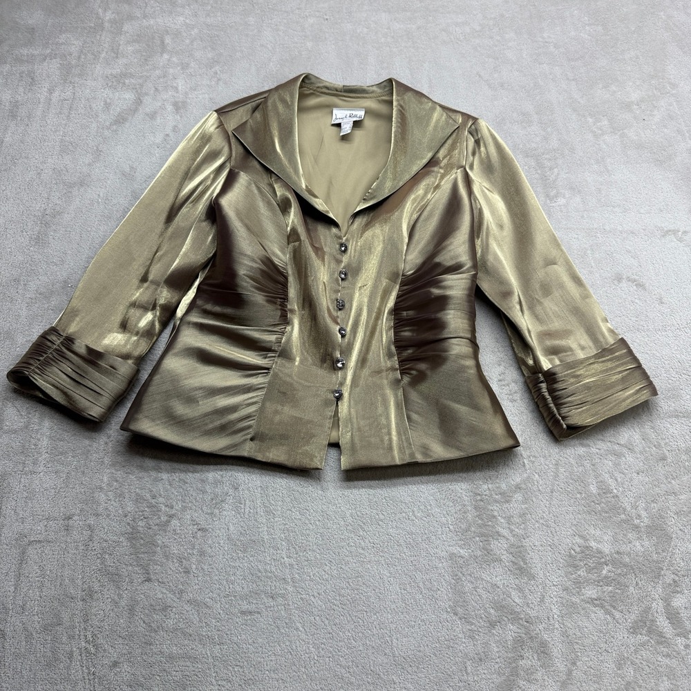 Joseph Ribkoff Blazer Blouse Womens 12 Metallic Ruched Crystal Button 3/4 Sleeve